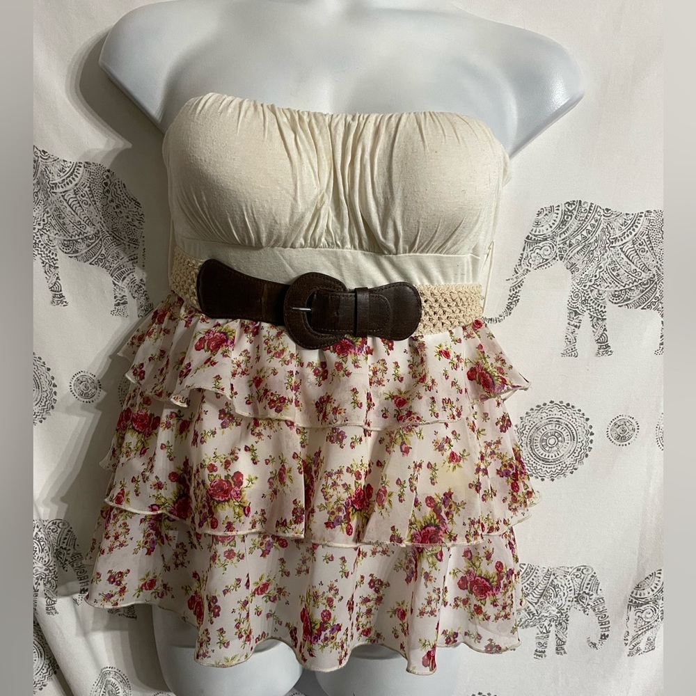 Ladies Large Mary Jane Sleeveless Blouse Floral Print Ruffles & Belt Adorable